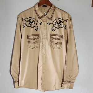 Tan Western Dress Shirt with Black Embroidery Button Up Large